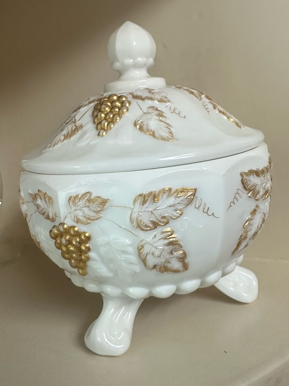 Westmoreland Milk Glass Paneled Grape w/gold accents Candy Dish